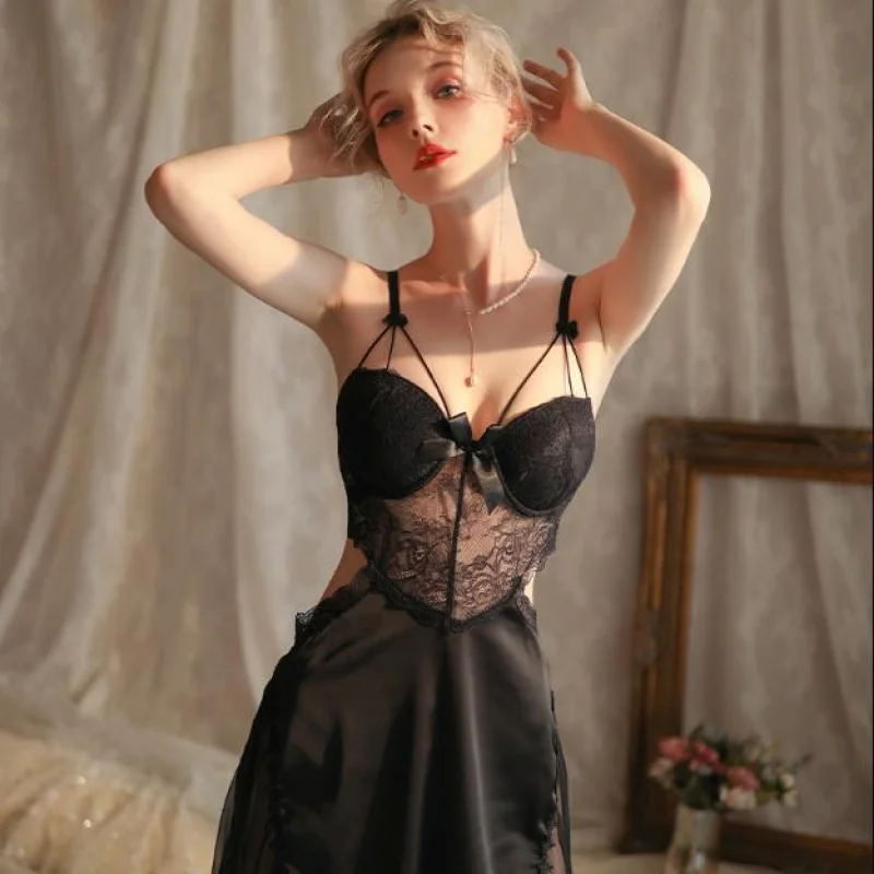 

New Sexy Set Deep V Lace See-through Camisole Sexy Nightdress with Slit for Women