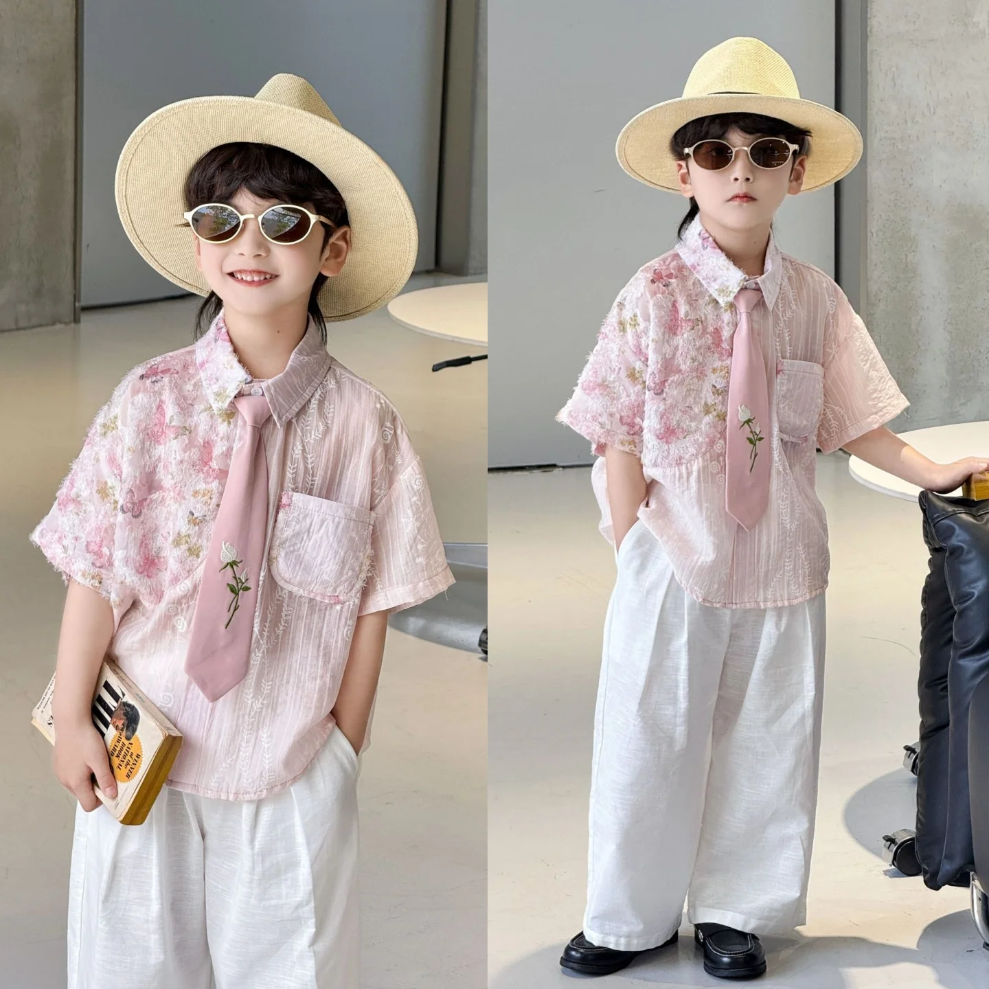 おしゃれなレトロ香港風子供用パフォーマンス衣装、夏のショー衣装、男の子向け幼稚園卒業式コスチューム