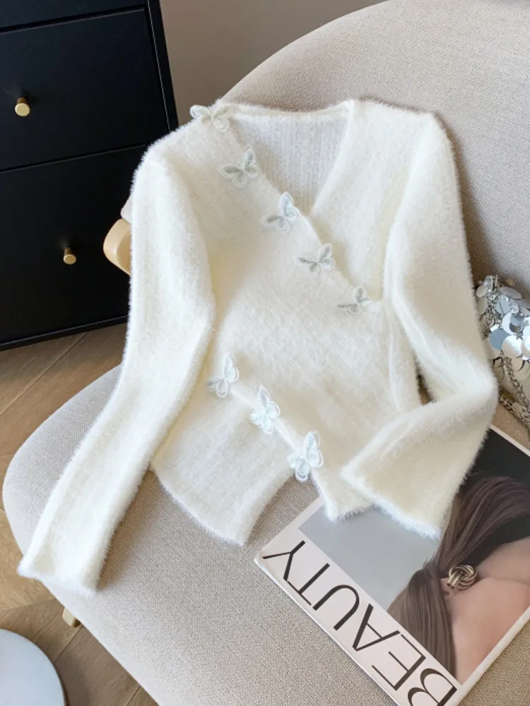 Sexy V-hals Slanke Vlinder Truien Vrouwen Vintage Streetwear 3D Mohair Onregelmatige Gebreide Jumper Franse Retro Lange Mouw Tops