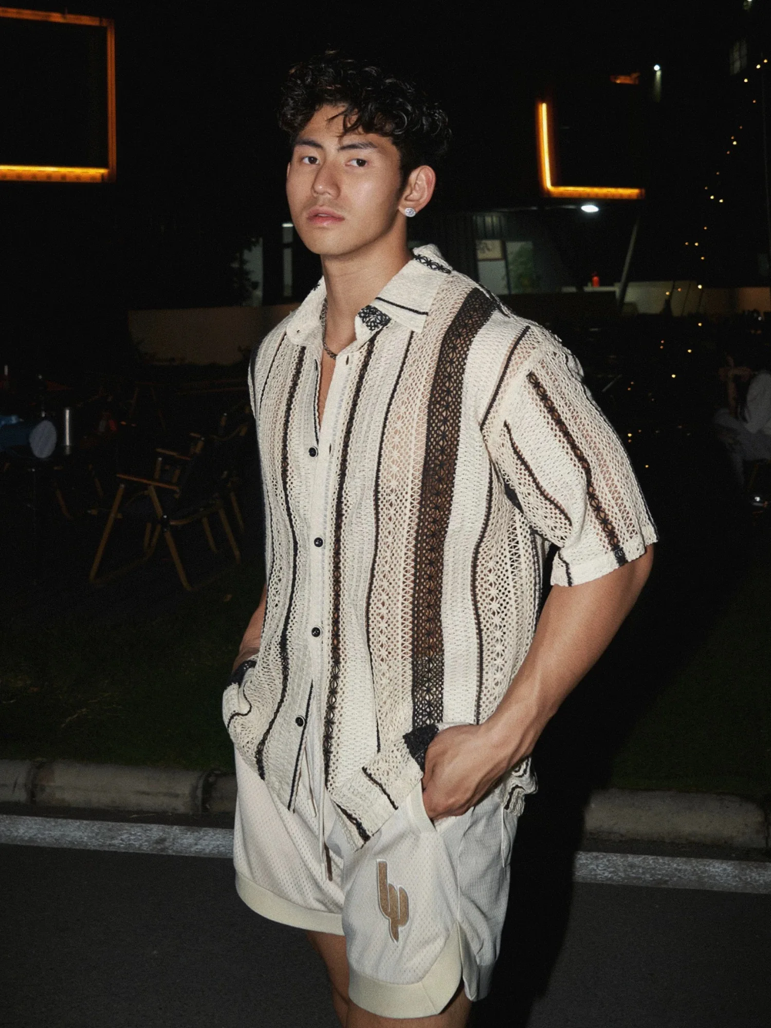 

Male Summer Island Striped Knit Shirts Top Men Boy Ins Chic Tropical Casual Vintage Blouse Beach Holiday Daily Leisure Relax Top