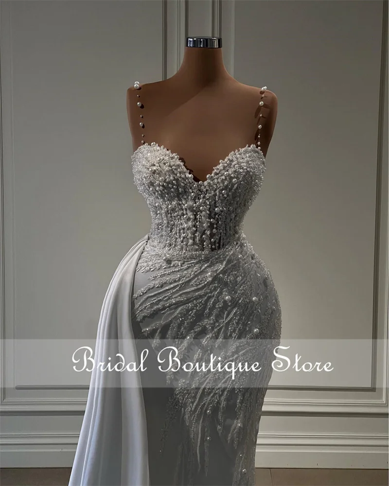 Luxury Mermaid Wedding Dresses 2024 With Side Train Straps Beading Crystal Pearls Bridal Gowns Robe De Mariee