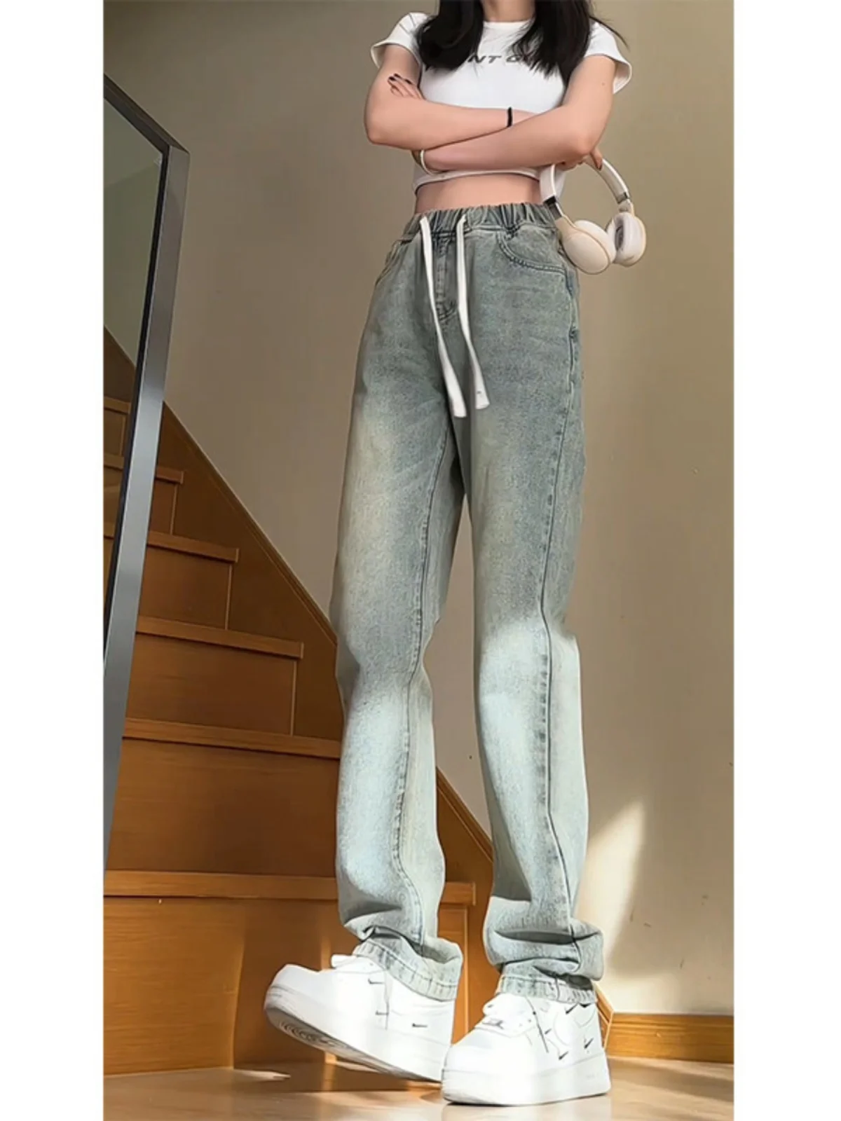 

Американские свободные джинсы прямого кроя из тонкого денима для мужчин, осенняя новинка, модные повседневные брюки в стиле High Street, ретро, широкие штанины, длинные.