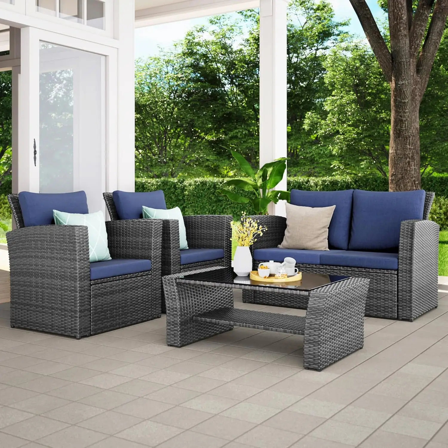 

4 Piece Outdoor Patio Furniture Sets, Wicker Conversation Set for Porch Deck, Grey Rattan Sofa Chair with Cushion