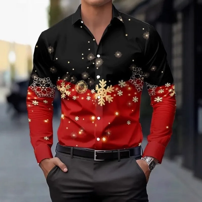 

Мужская рубашка с принтом снежинок на Рождество, с длинным рукавом, на пуговицах, красно-черная, в стиле колор-блок, для вечеринок и повседневной носки