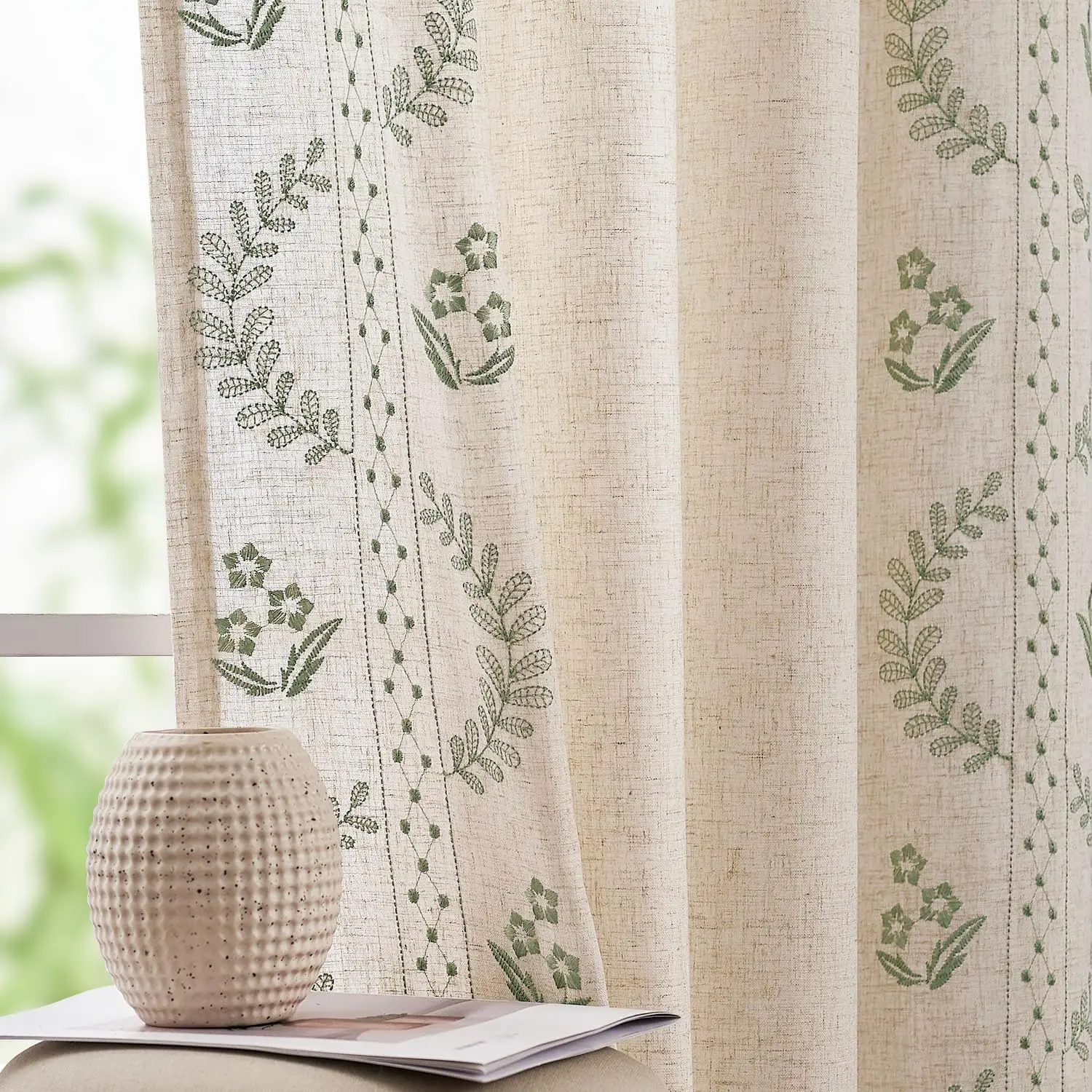 

Jinchan Linen Curtains For Bedroom Floral Curtains 72 Inch Length Linen Blend Sage Green Embroidered Drapes Farmhouse Flower