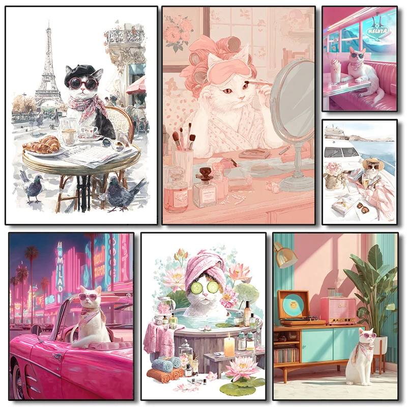 Retro Glamour Katzen-Kunstposter Retro Sonnenbrillen-Katzen-Drucke Leinwandgemälde Wandkunst Bilder Wohnzimmer Lustige Glamour-Dekoration