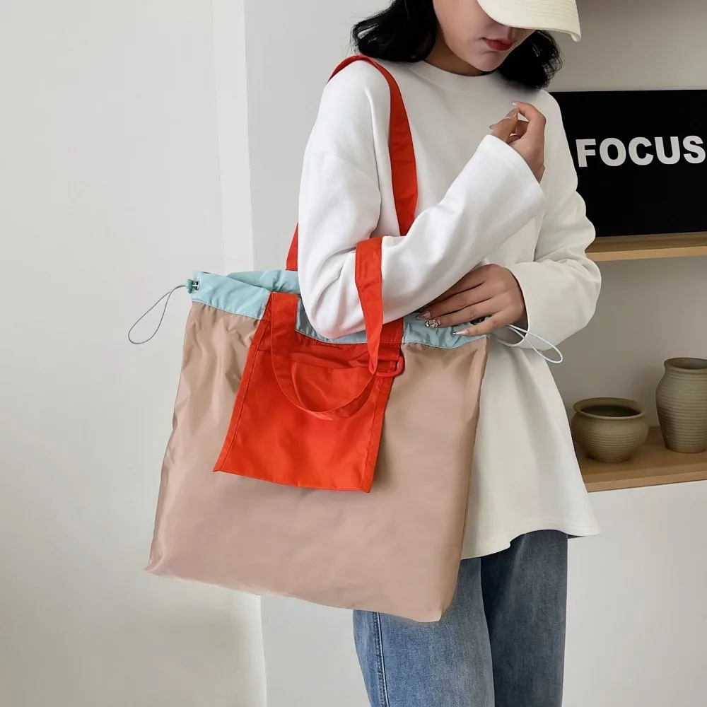 Colored Foldable Shopping Bag Large Capacity Reusable Pocket Handbag Waterproof Environment-Friendly Drawstring Tote Bag Travel