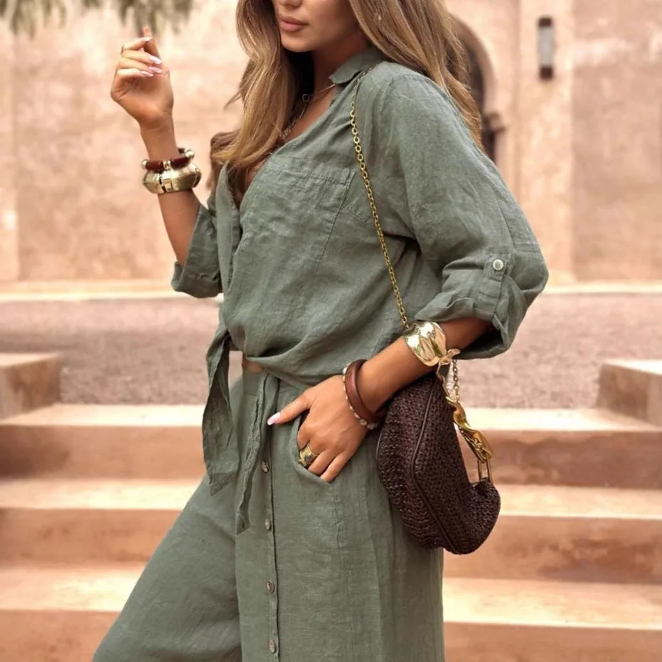 European and American Women's Fresh and Sweet Women's Clothing Cotton and Linen Long Sleeved Shirt Wide Leg Pants Fashionable Ca
