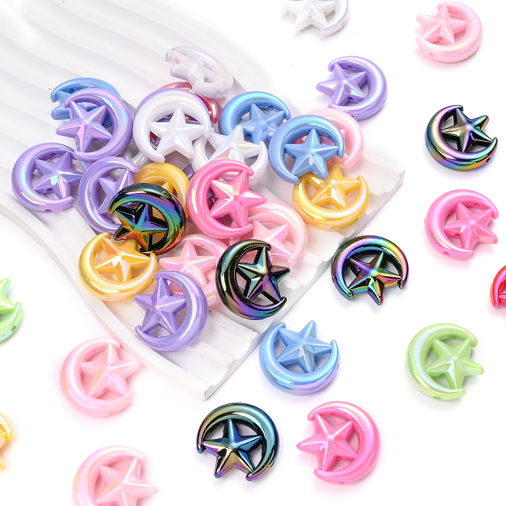 10Pcs Acrylic Moon Star Beads Creative Spacer Beads Ab Color Colourful Ornaments for Diy Pens Hairpin Handmade Keychain Charms