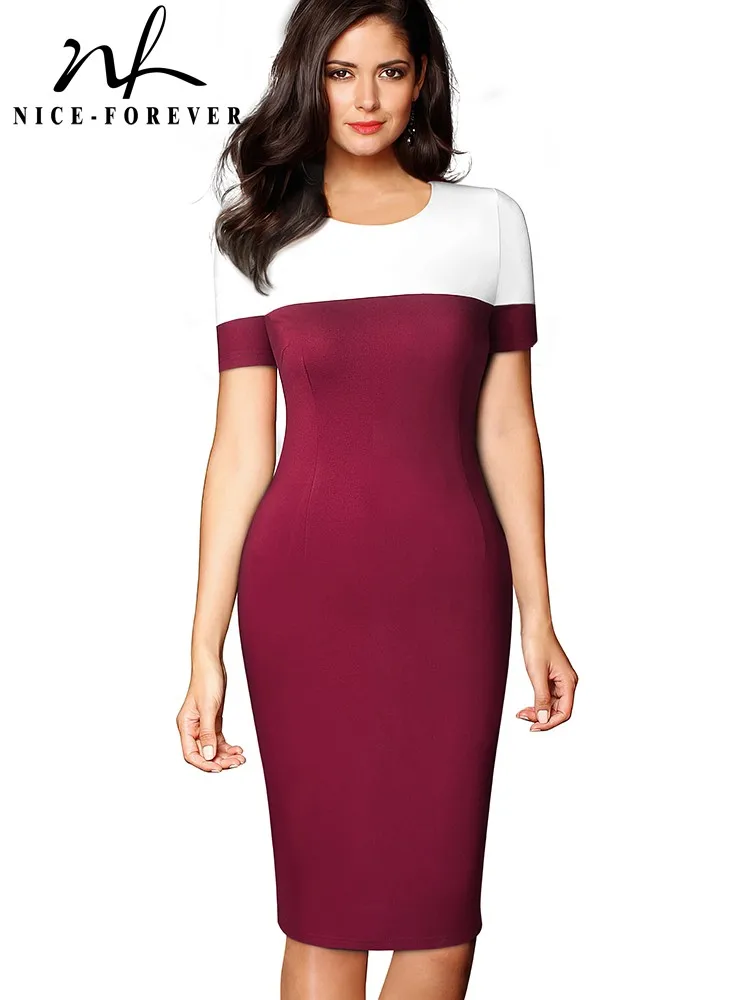 

Nice-forever Summer Women Classy Contrast Color Patchwork Elegant Dresses Business Vintage Bodycon Dress B627