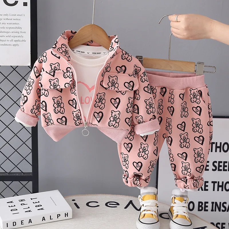 Spring Autumn New Boys and Girls Full-printed Zipper Shirt Long-sleeved Three-piece Baby Casual Trousers Set