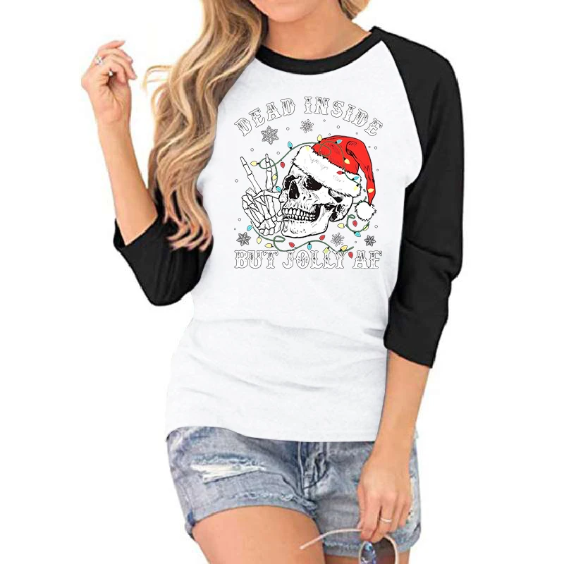 Christmas Skull Lights Print Three Quarter Sleeves T-shirt Womens Merry Christmas Skeleton Funny Quotes Seven Sleeves T-shirts