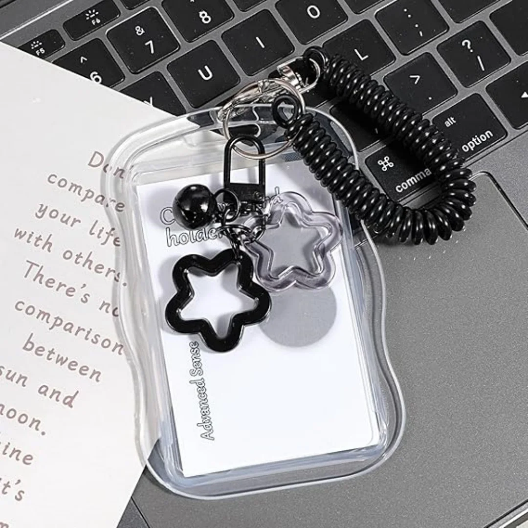 Photocard Holder Keychain 8.5cm×11cm, Cute Photo Card Holder with Star Bell Pendant Spring Rope Transparent Creative Photocard Holders for Student ID, Bus Pass, Photos ID Badge(Black)