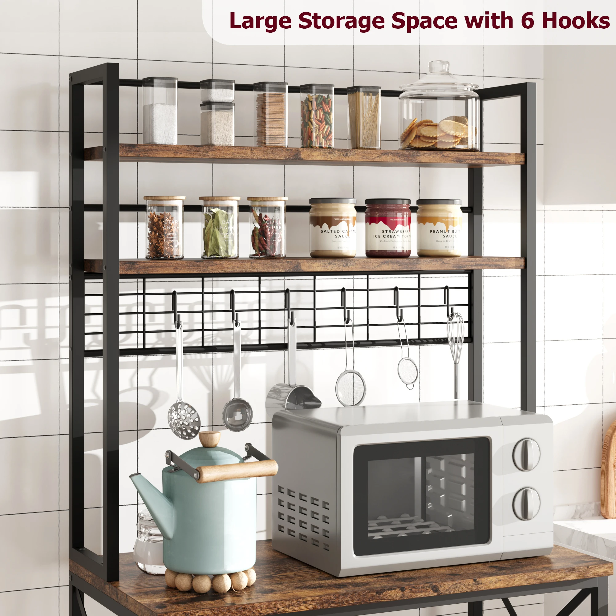 5-Tier Kitchen Utility Storage Shelf, Microwave Oven Stand with Large Storage, Industrial Coffee Bar Station with 6 Hooks