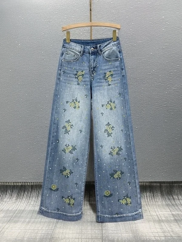 

Fashionable Floral Rhinestone Embellished Wide Leg Jeans High Waist Zipper Closure Casual Style Spring Season Blue Color