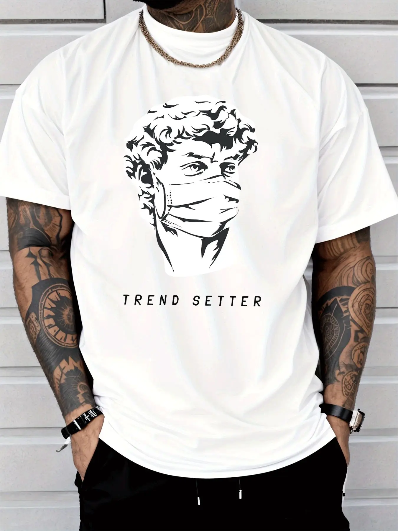Mens David Statue Mask Trend Setter Graphic T Shirt Vintage Streetwear Short Sleeve Cotton Hip Hop Casual Summer Tee For Men