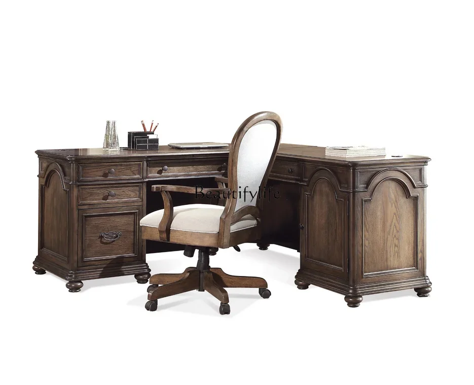 jj * Scrivania angolare in rovere vecchio studio retrò europeo, legno massello americano