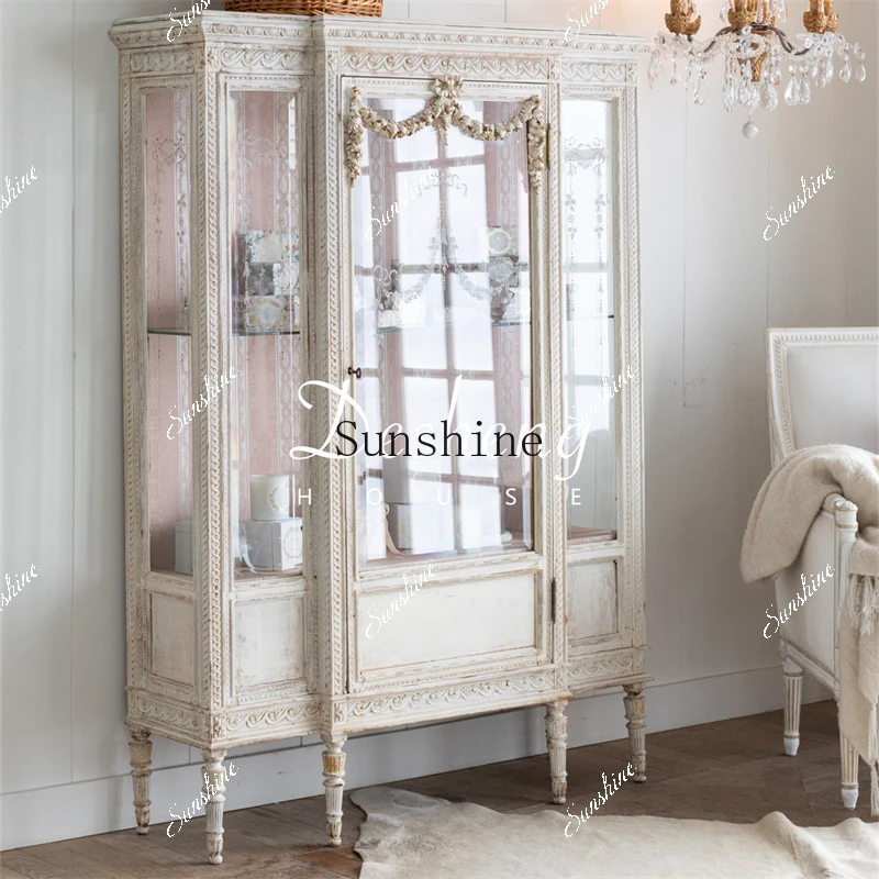 

French retro old solid wood hand-carved princess glass cabinet display outlet FT