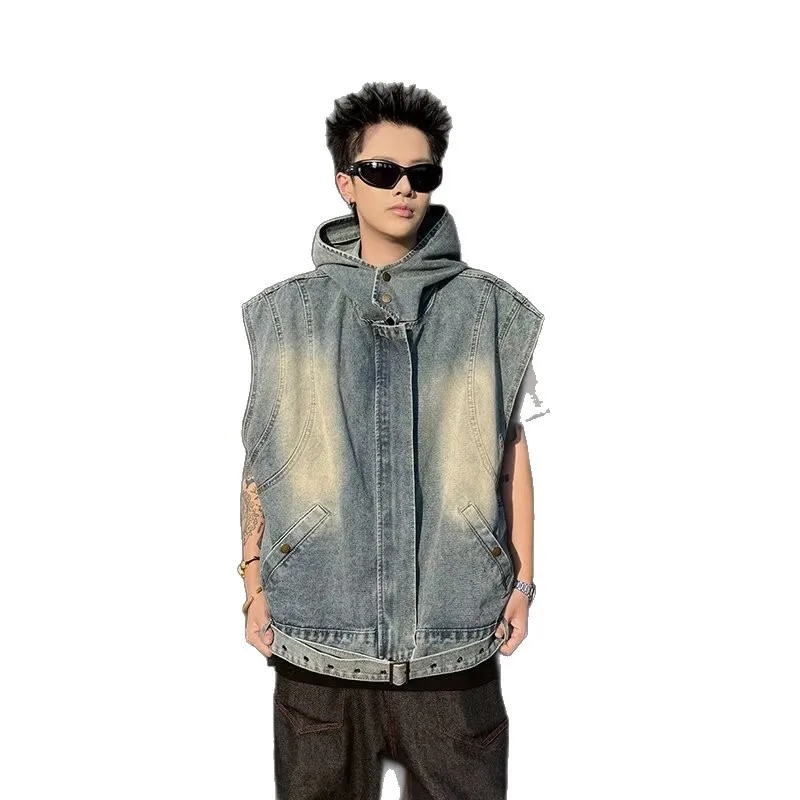 Rompi Tanpa Lengan Model Usang dan Pudar untuk Anak Laki-Laki, Gaya Retro Amerika dengan Hoodie, Jahitan Dekonstruksi