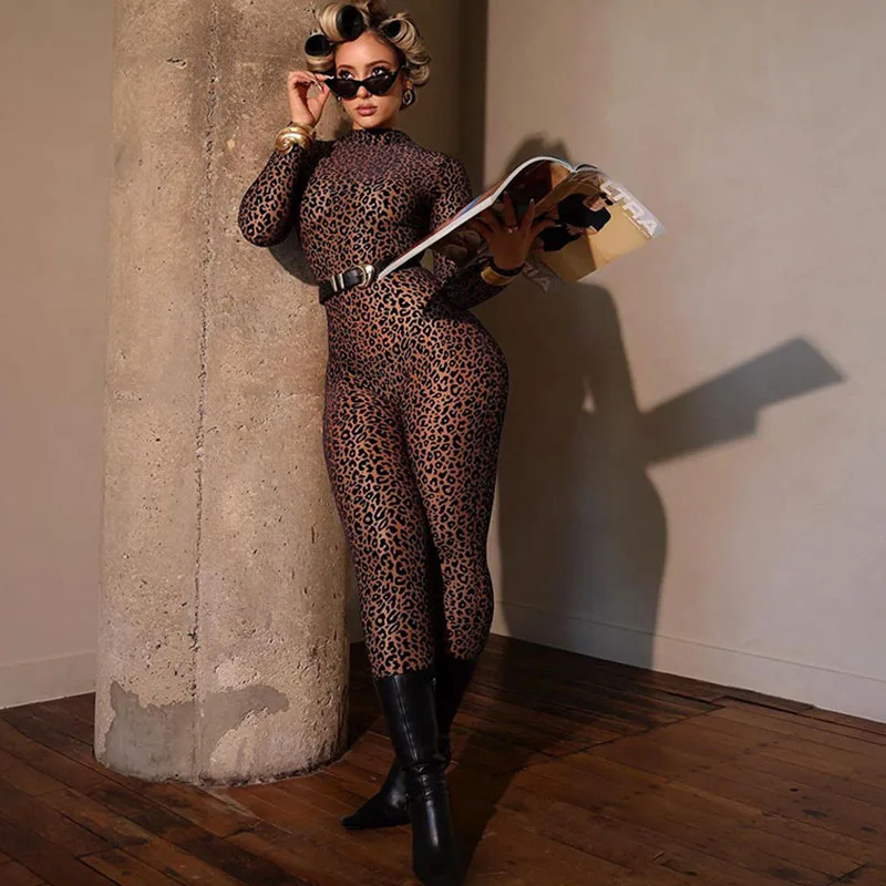 ليوبارد طباعة طويلة الأكمام رومبير بذلة امرأة مثير الوقوف طوق سستة بسط نحيل قطعة واحدة ملابس النادي Bodycon وزرة