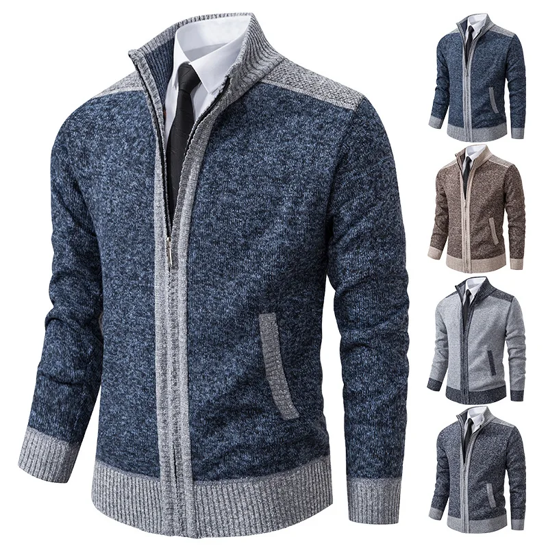 Autumn and Winter New Jacket Plus Size Fat Guy Zipper Sweater Thickened and Fleece Men's Spliced Cardigan Mock Neck Sweater