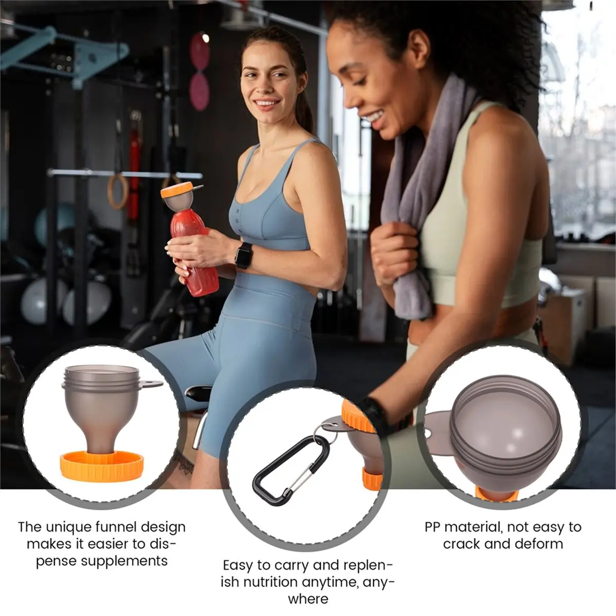 (A75U] 9Pcs Protein Powder Funnel Set 50ml Portable Mini Protein Powder Bottle Carabiner & Reinforced Cap for Workout Fitness