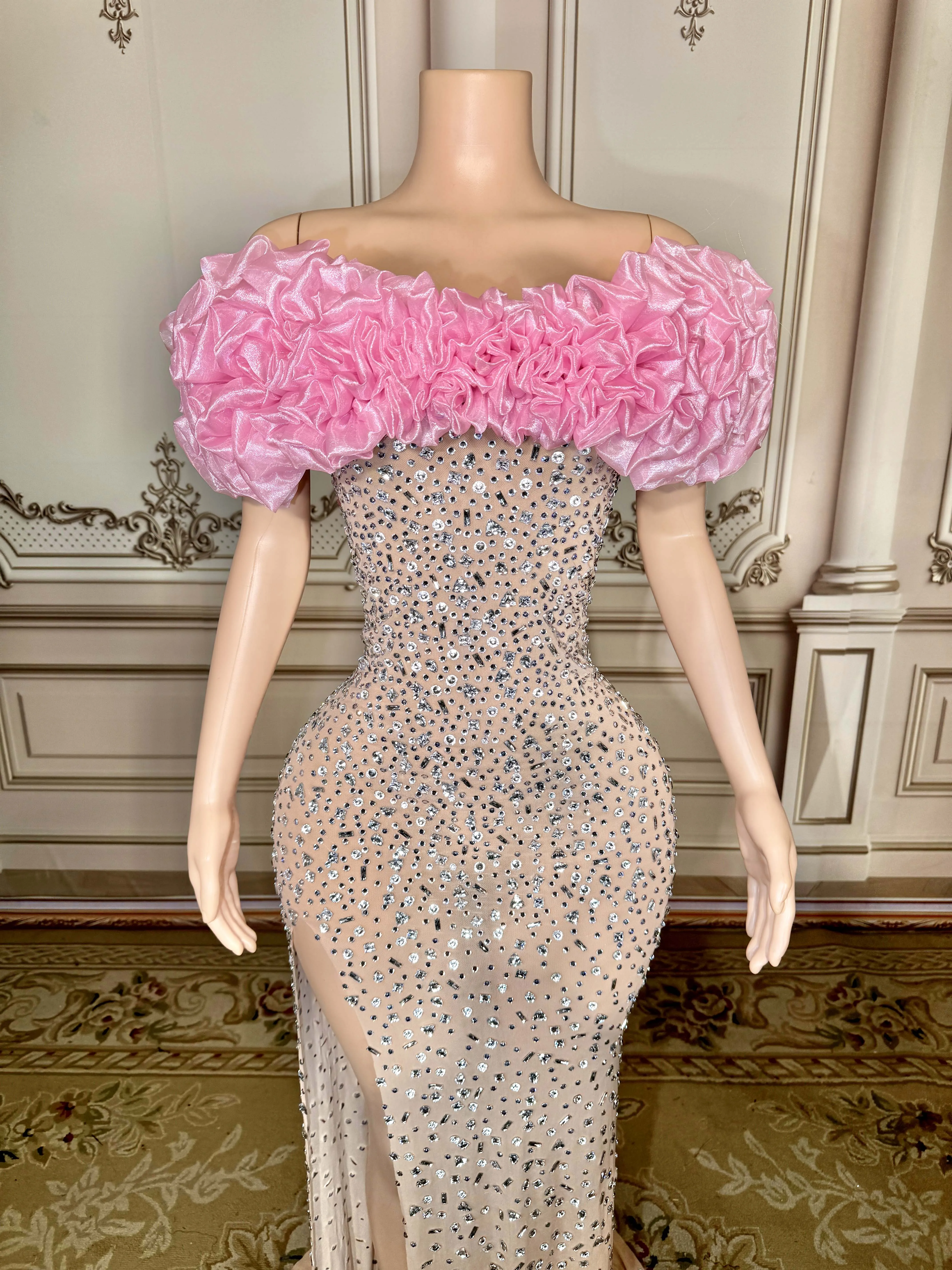 Brilhante pérola strass transparente vestido longo noite aniversário celebrar festa luxuoso traje dançarino piscando vestido