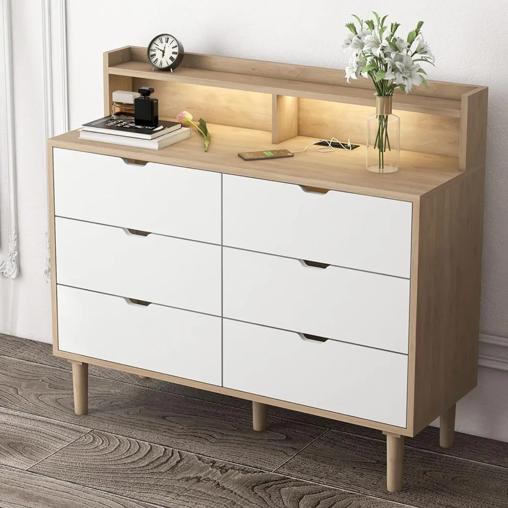 6 Drawer Dresser with Charging Station, Wooden Chest of Drawers with LED Light, Dresser with Drawers for Bedroom Living Room