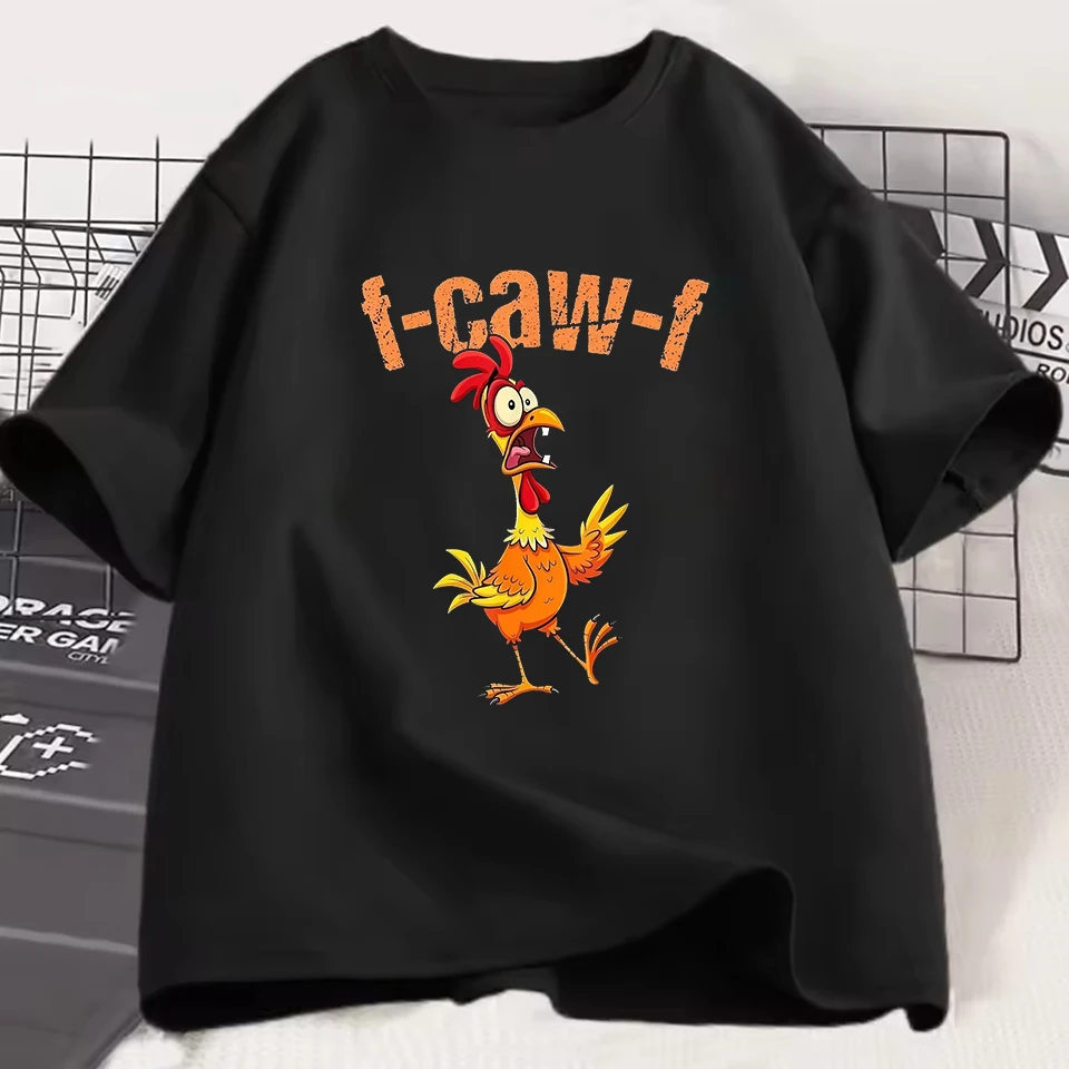 Men Women Funny Chicken I-Caw-I Graphic T-Shirt Casual Short Sleeve Round Neck Tee Cartoon Rooster Print Unisex Tee Harajuku Top