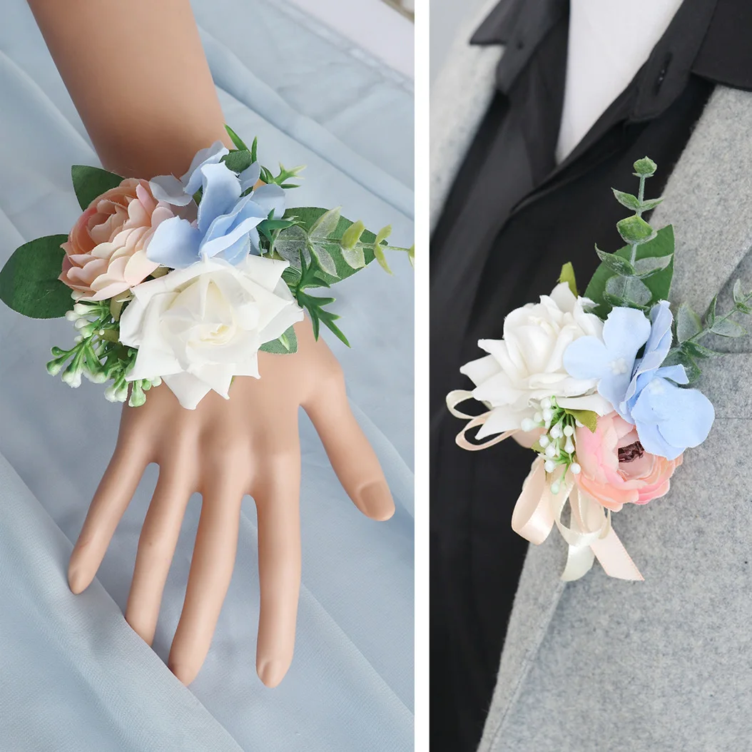 Boutonniere 및 손목 코사지 시뮬레이션 웨딩 가슴, 신부 들러리 자매, 손목 꽃 사진 촬영 핸드 플라워