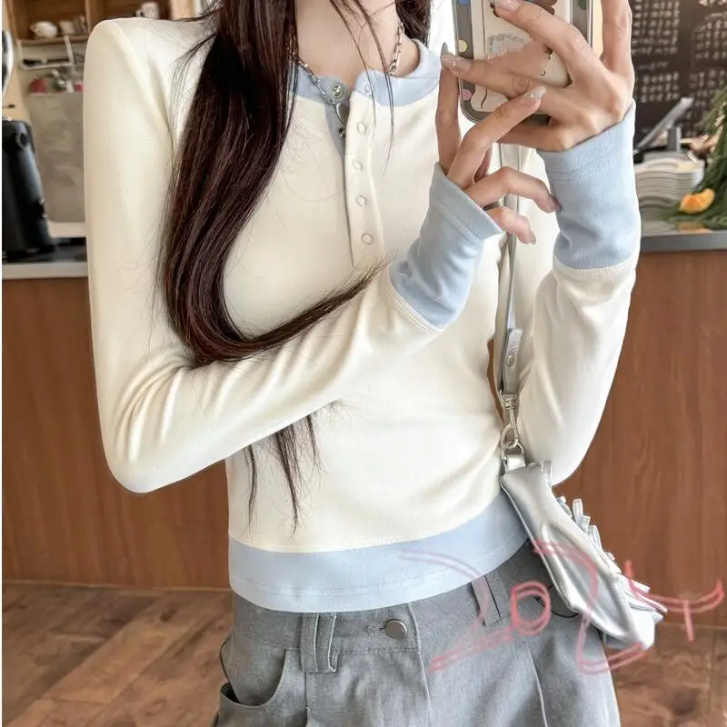 

Женская минималистичная футболка с длинными рукавами из двух частей в корейском стиле, универсальный облегающий топ на весну и осень