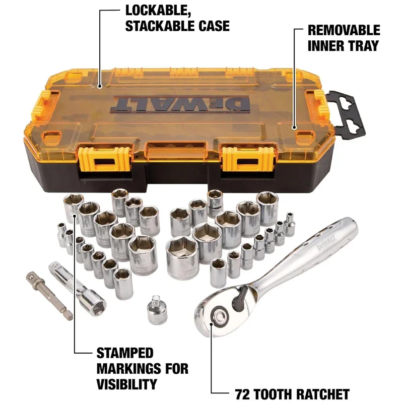 DEWALT DWMT73804 Drive Socket Set 34Pcs 1/4''and 3/8'' Drive SAE/Metric 72 Tooth Ratchet Mechanic Socket Set With Stackable Case