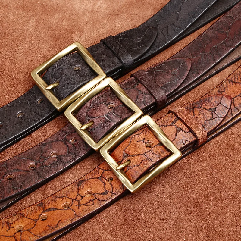 Men's belt retro fashion trend personality niche ice crack belt men's leather head layer cowhide youth denim belt