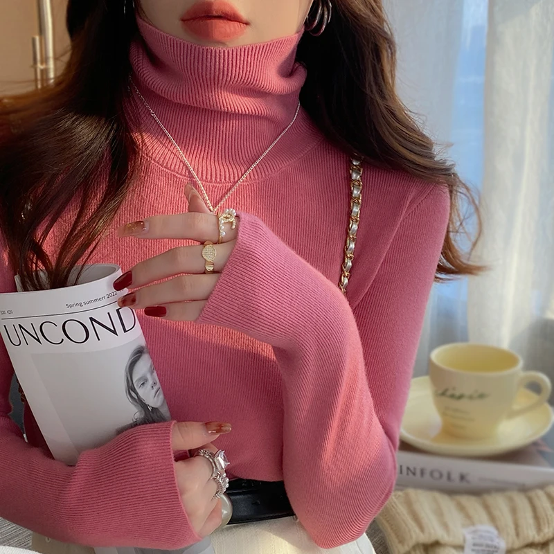 Camisola de malha feminina pullovers nova manga longa gola alta camisola de malha branca pulôver feminino topos blusas roupas femininas q1326