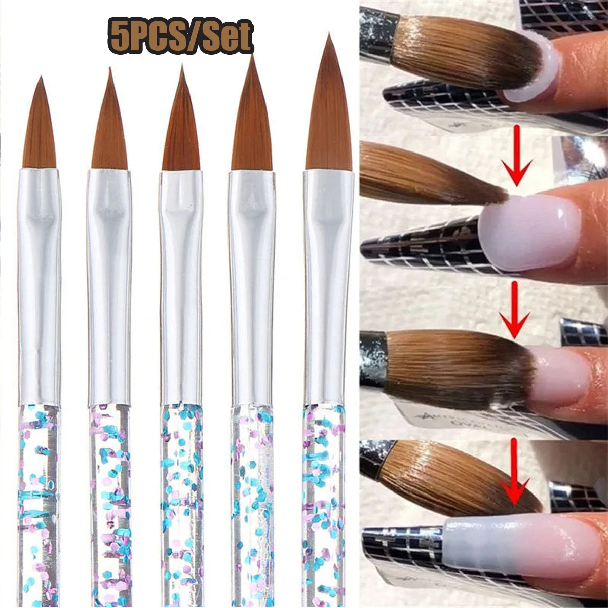 5 pz/set Glitter Maniglia Pennello per Nail Art per Pennello per Polvere Acrilica Polvere Liquida Acrilica Intagliare Pennello Gel Liner Disegno Penna Strumenti