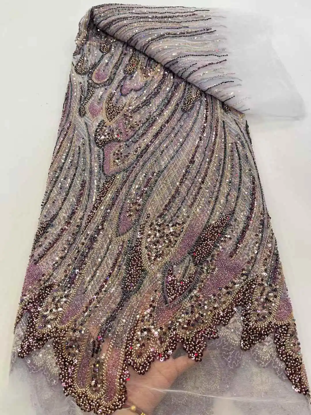 2025 프랑스 헤비 비즈 레이스 원단, 아프리카 스팽글, 신랑 레이스, 나이지리아 웨딩 파티 드레스 바느질용 원단, 고품질