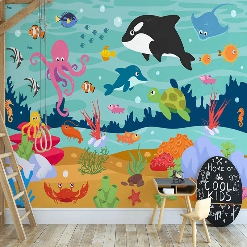 MU8094 Mural Wallpaper Cartoon Retro Fish Children Animals Fresco Kids Bedroom Background Wall Decor 3D Stickers