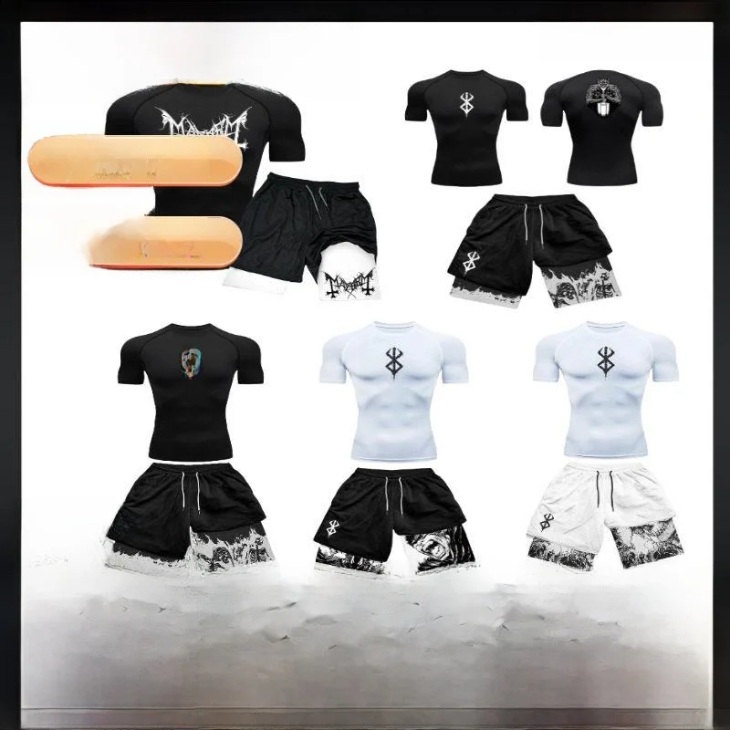 

Cross-Border Trendy Fitness Short-Sleeve T-Shirt And Casual Sport Shorts Two-Piece Set Summer Men's Clothing Short Sleeve