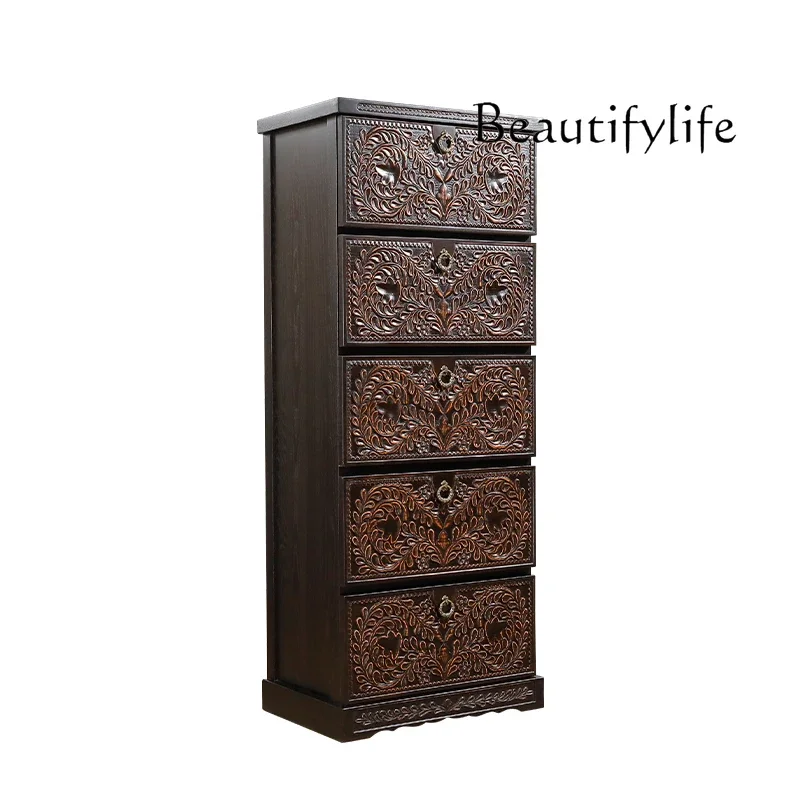 

Thai solid wood carving flower retro chest of drawers South East Asia style chest of drawers