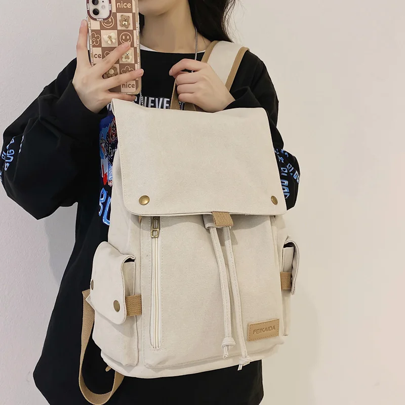 2022 Women\'s Fashion Beige Canvas Backpack Men\'s Contrast Travel Bag College Girl\'s Schoolbag Laptop Bag Student Mochila New