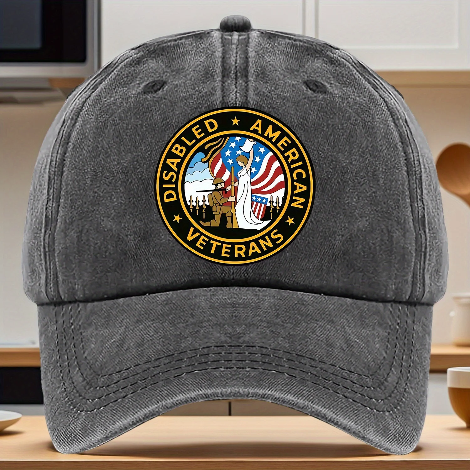 [Patriotic Cap] Patriotic Adjustable Disabled American Veterans Print Baseball Cap | Lightweight Breathable Fabric, Tan Color, M