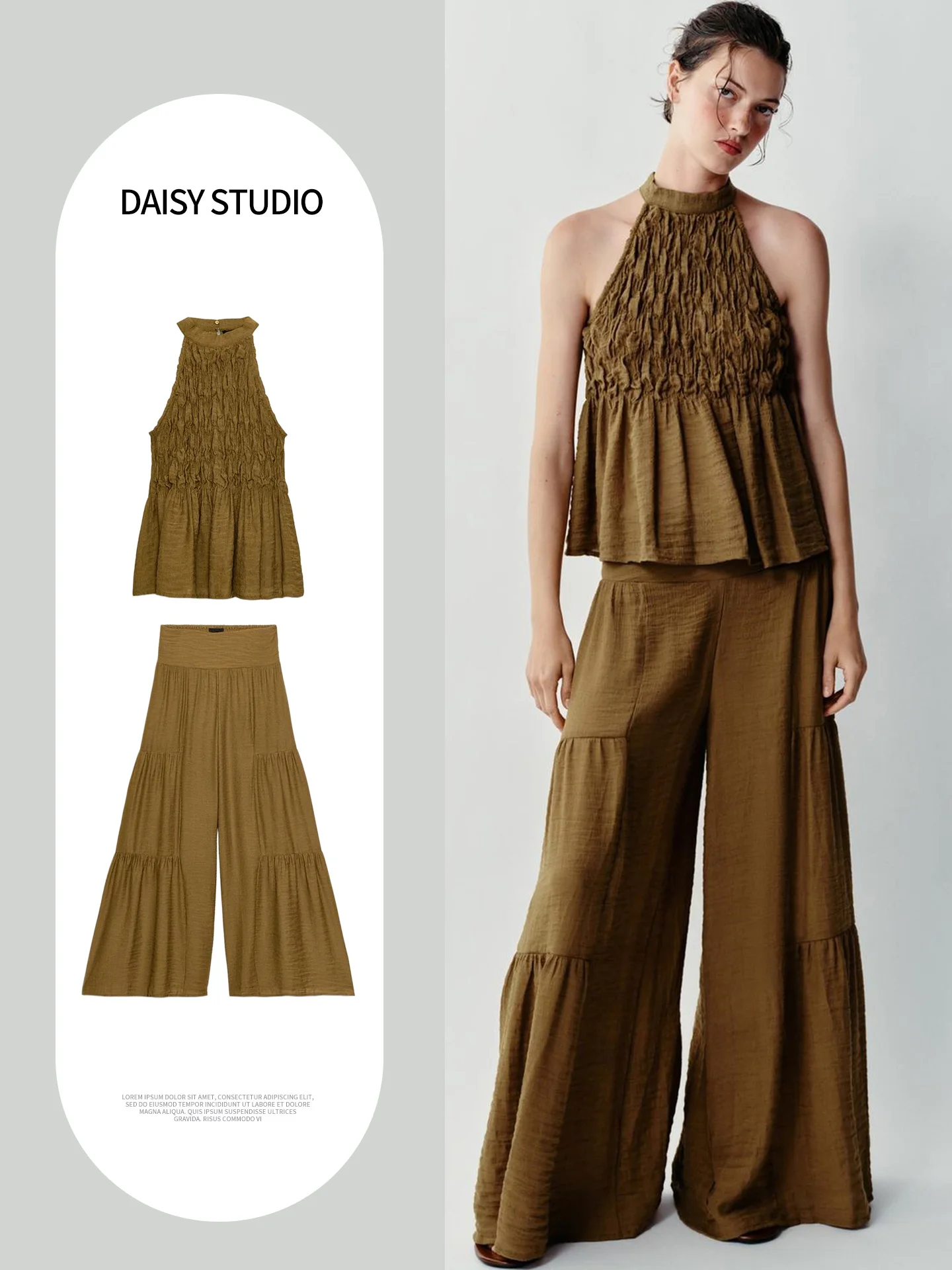 High Waist Long Wide Leg Pants with Back Slit And Hidden Button Neckline Women's Fashion Set Autumn Collection 2026