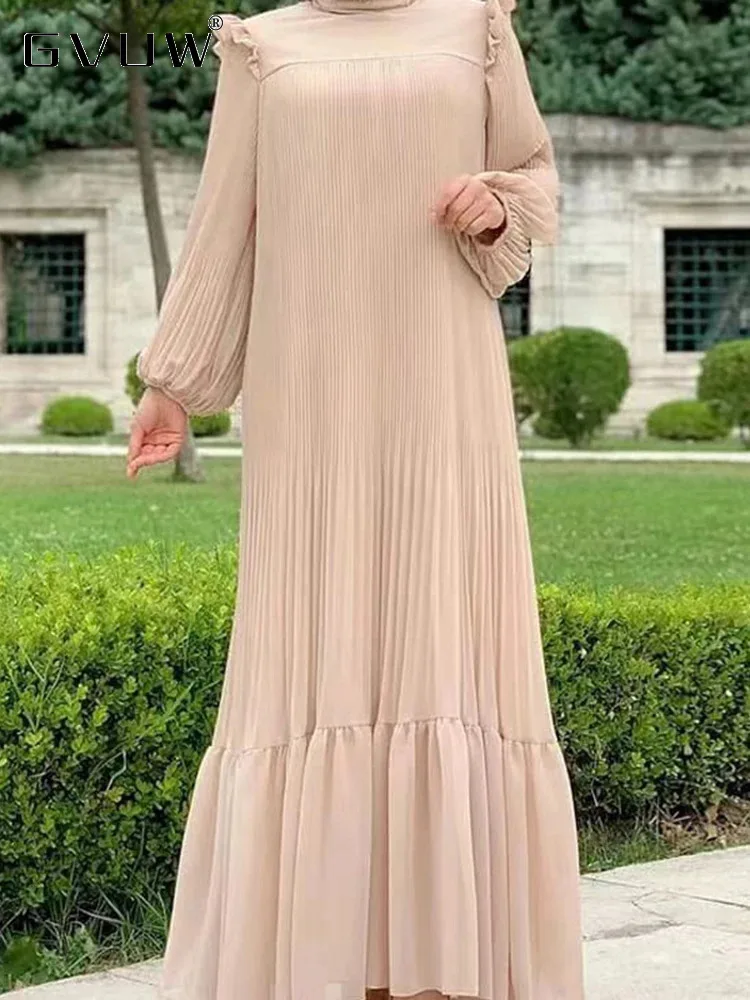 GVUW Pleated Fashion Dress Women Round Collar A Line Full Sleeve Solid Color Chic Style Medium Long Female Clothing 17G5744