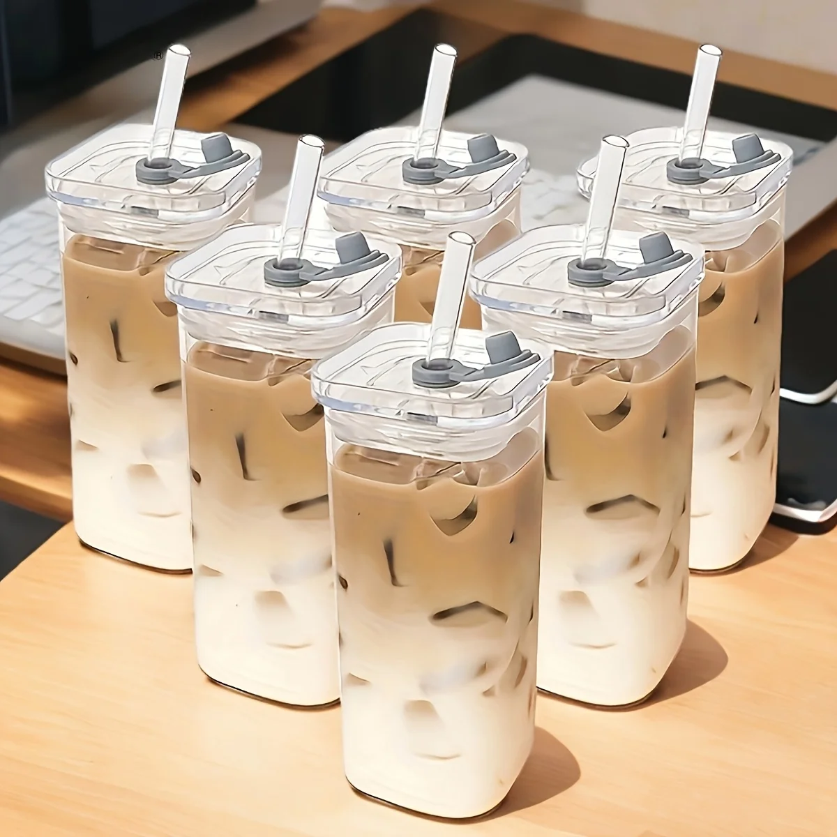 Set of 6 Square Glass Cups with Lids—Transparent Bubble Tea Cups, Portable Water Bottles, Perfect Coffee Cups. Glass Lids