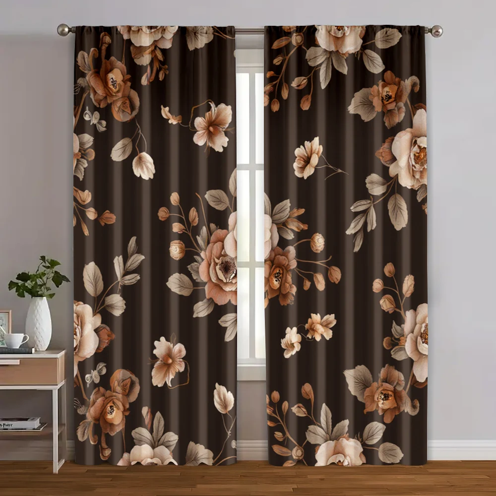 

2pcs, Popular Curtain Panels Brown Boho Floral Machine Washable (without rod) Room Decor Use for Bedroom Living Room Window
