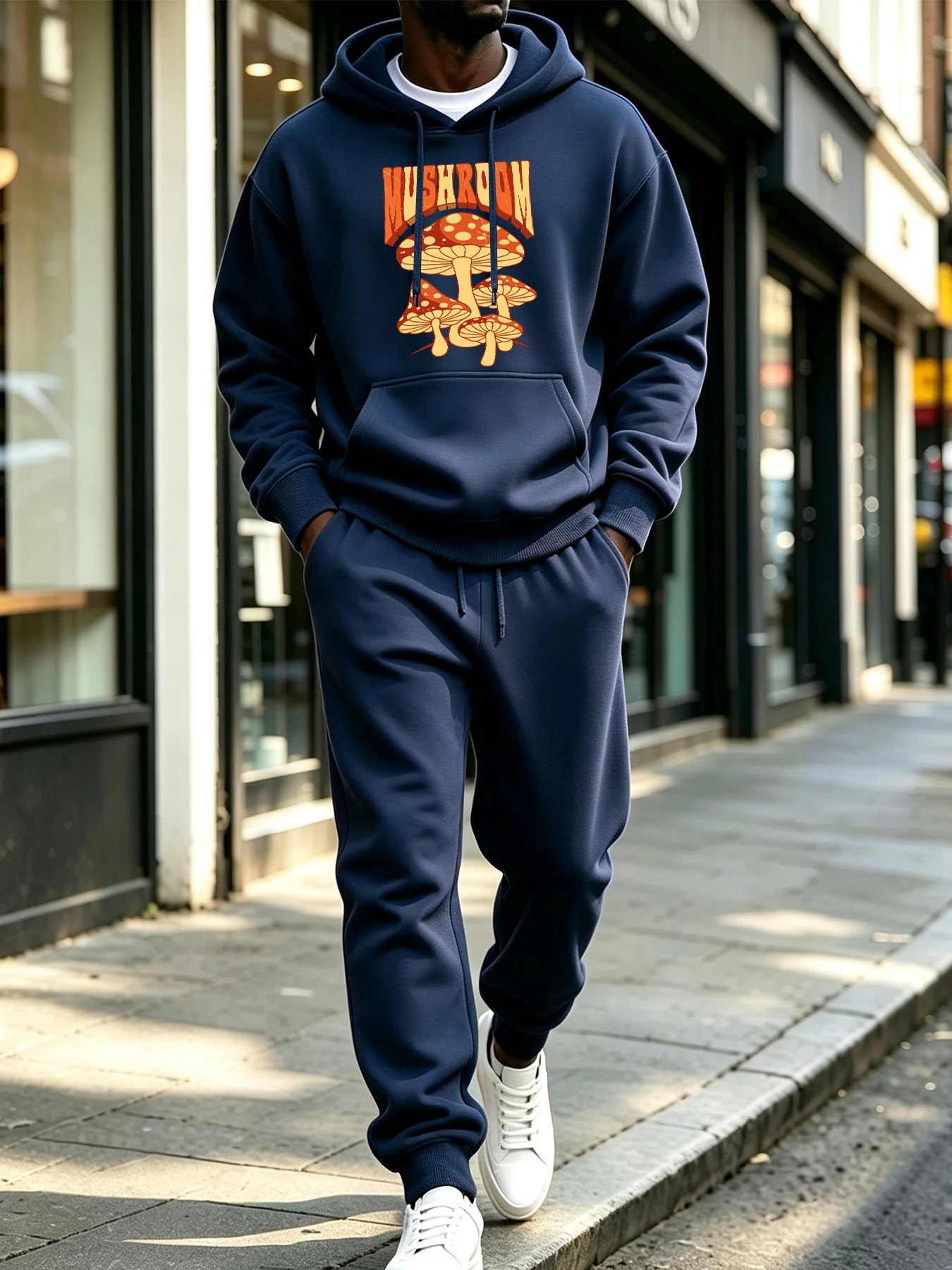 Cartoon Retro Mushroom Prints Men Fleece Pocket Hoodie Suit Sport Soft Sportpants Loose Casual Clothes Street Jogging Tops