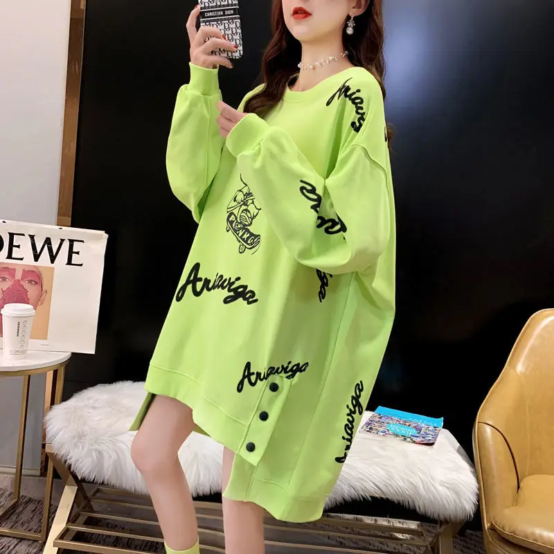 Oversized Women Clothing Korean Loose Printing O-neck Long Sleeve T-Shirts Autumn Winter All-match Irregular Mid Length Top