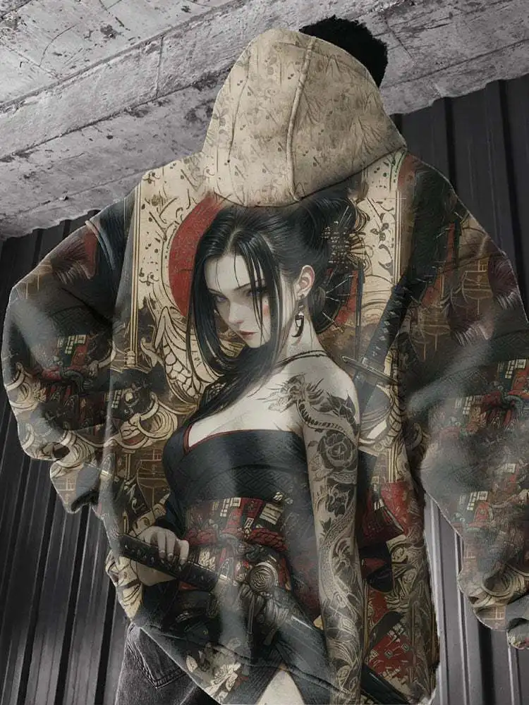 النمط الياباني الساموراي ثلاثية الأبعاد طباعة هوديس الرجال النساء موضة مثير هوديي البلوز معطف النساء تعرق النساء الملابس المتضخم جديد