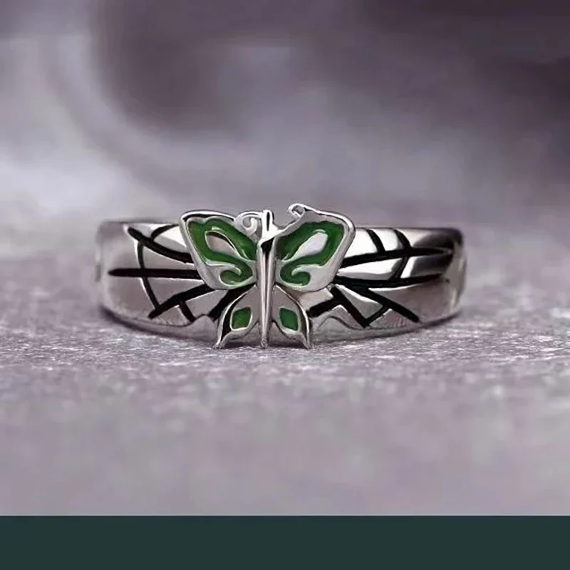 Anime JoJos Bizarre Adventure Jolyne Cujoh Opening Ring for Men Women Green Enamel Butterfly Metal Rings Fans Party Jewelry Gift