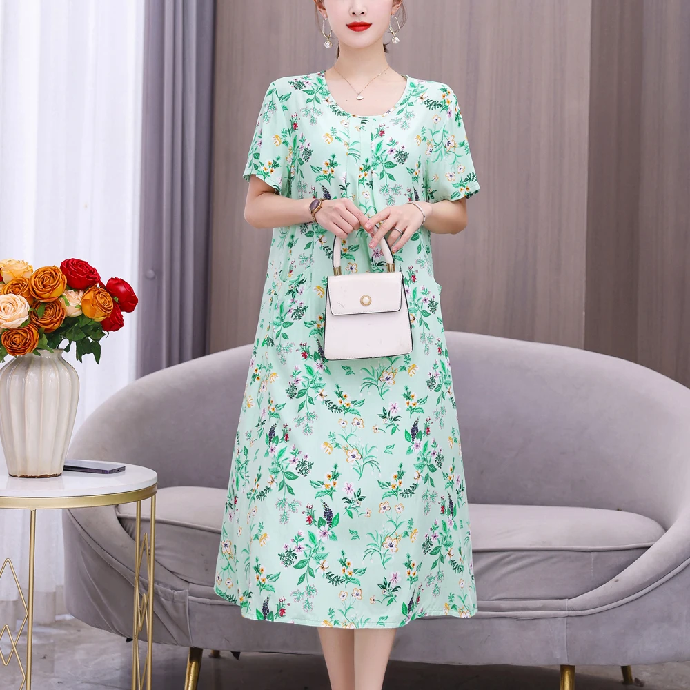 New Fashion Casual 2023 Summer Dresses For Women Vintage Short Sleeve O-Neck Printing Loose Floral Dress Women Clothes